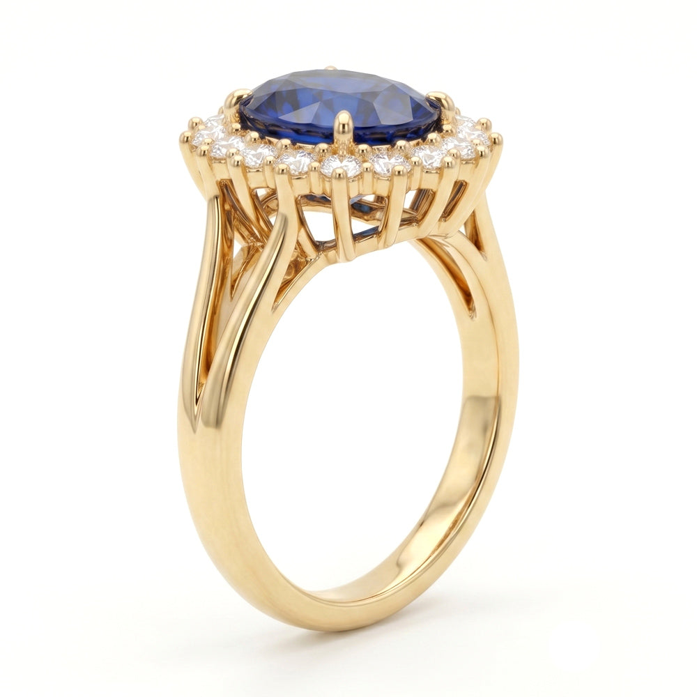 Oval Cut Halo Blue Sapphire Engagement Ring