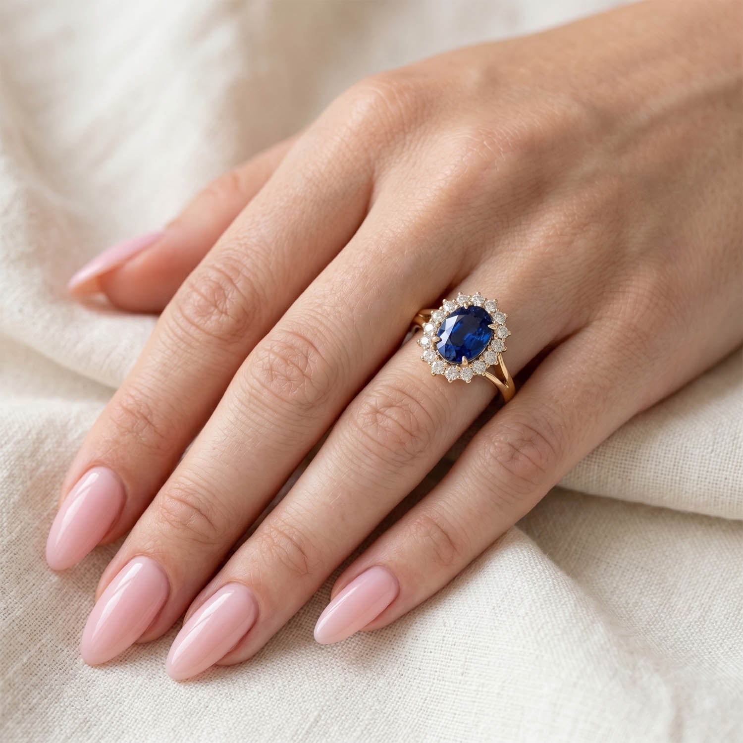 Oval Cut Halo Blue Sapphire Engagement Ring