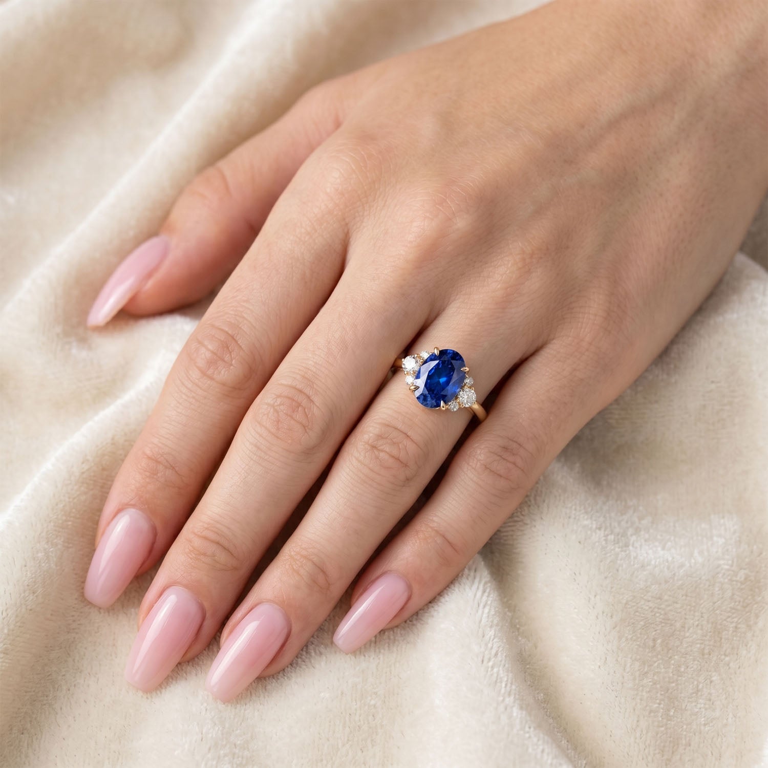Oval Cut Cluster Blue Sapphire Engagement Ring