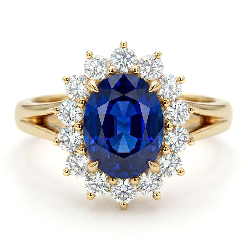 Oval Cut Halo Blue Sapphire Engagement Ring