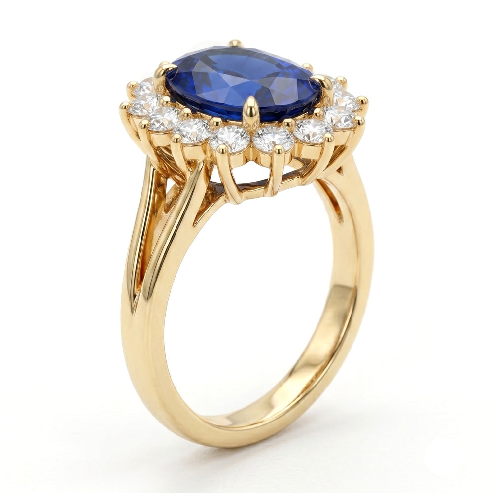 Oval Cut Halo Blue Sapphire Engagement Ring