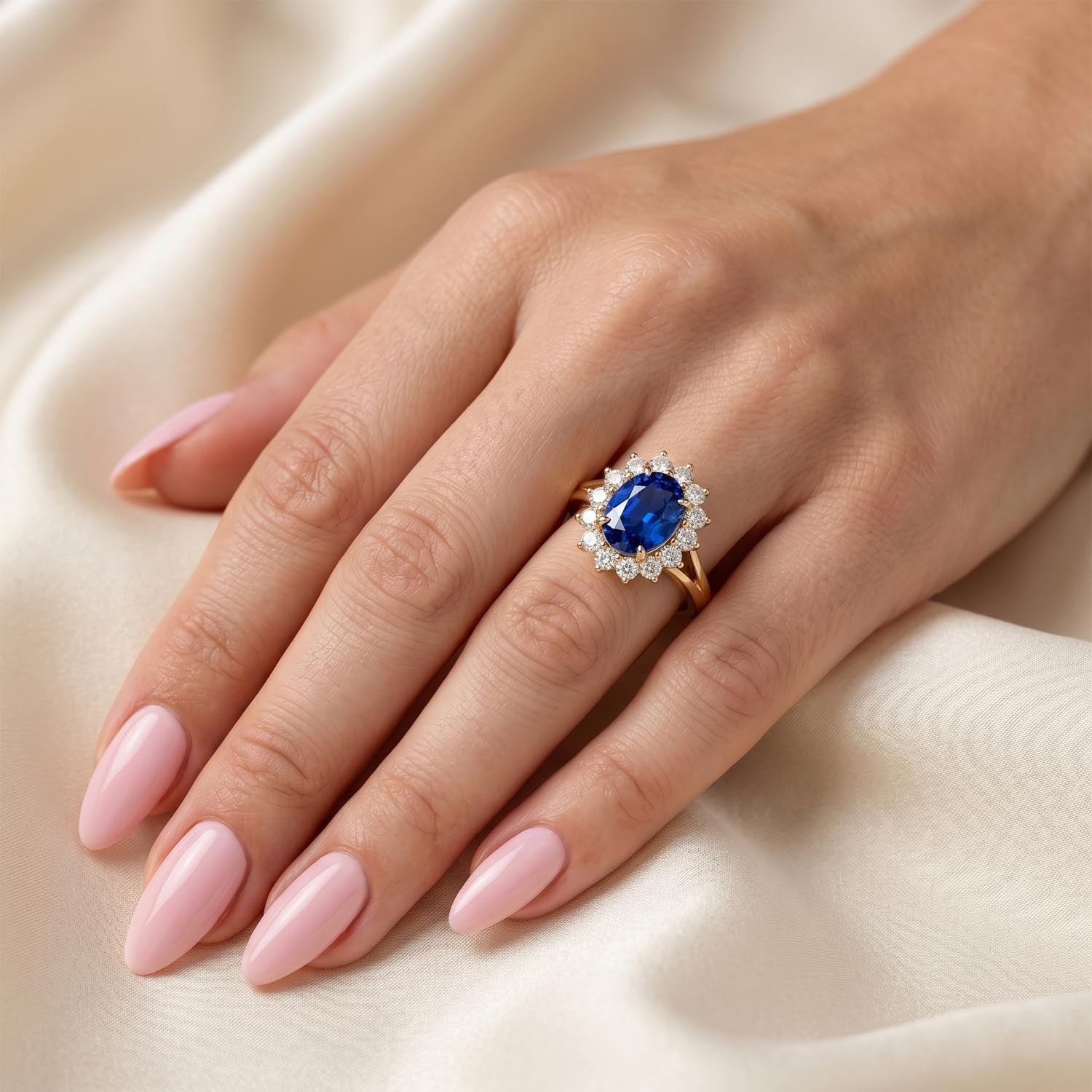 Oval Cut Halo Blue Sapphire Engagement Ring