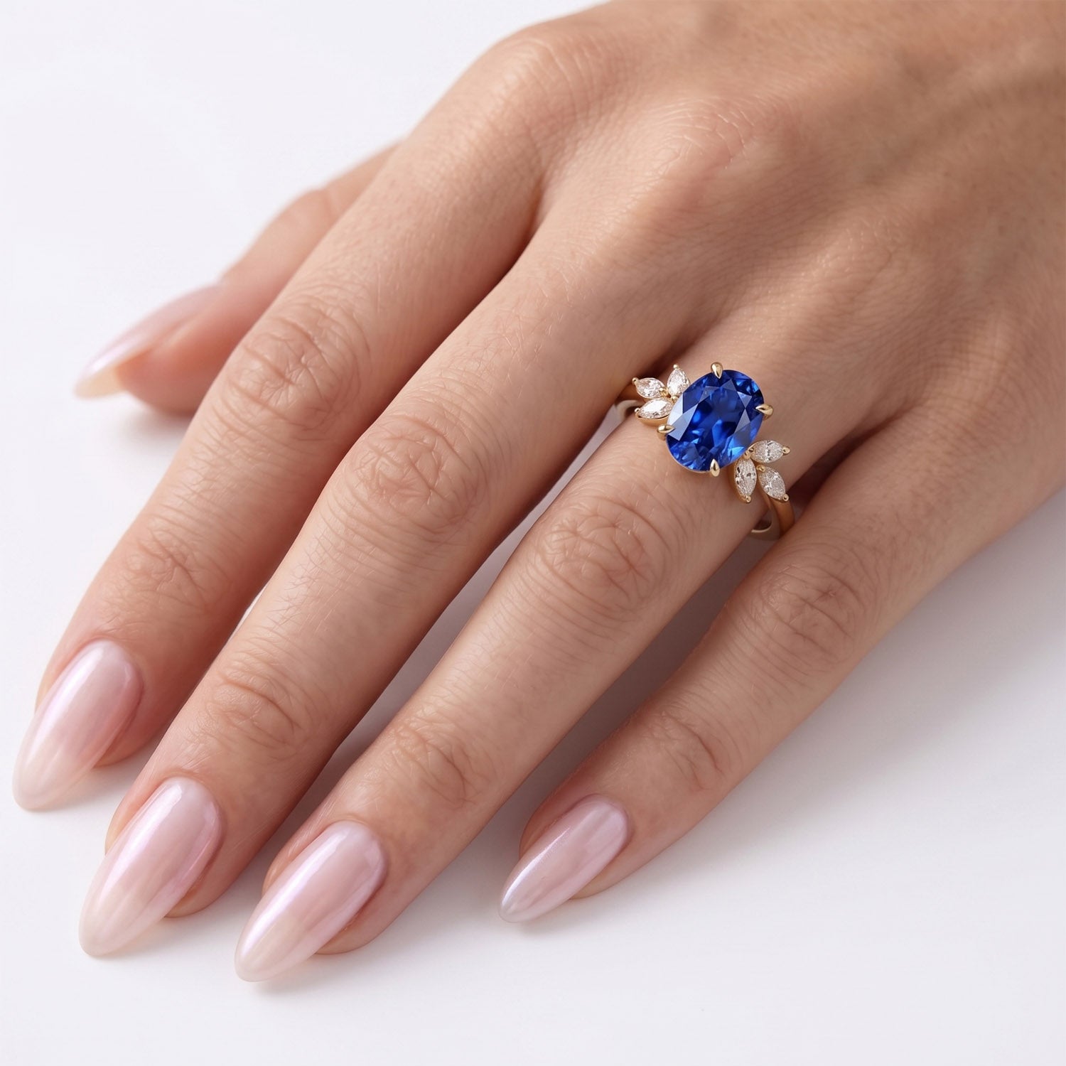 Oval Cut Cluster Blue Sapphire Engagement Ring