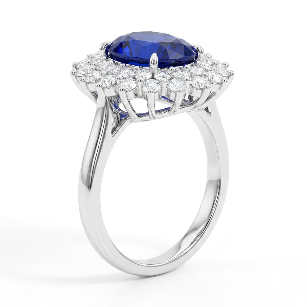 Oval Cut Halo Blue Sapphire Engagement Ring