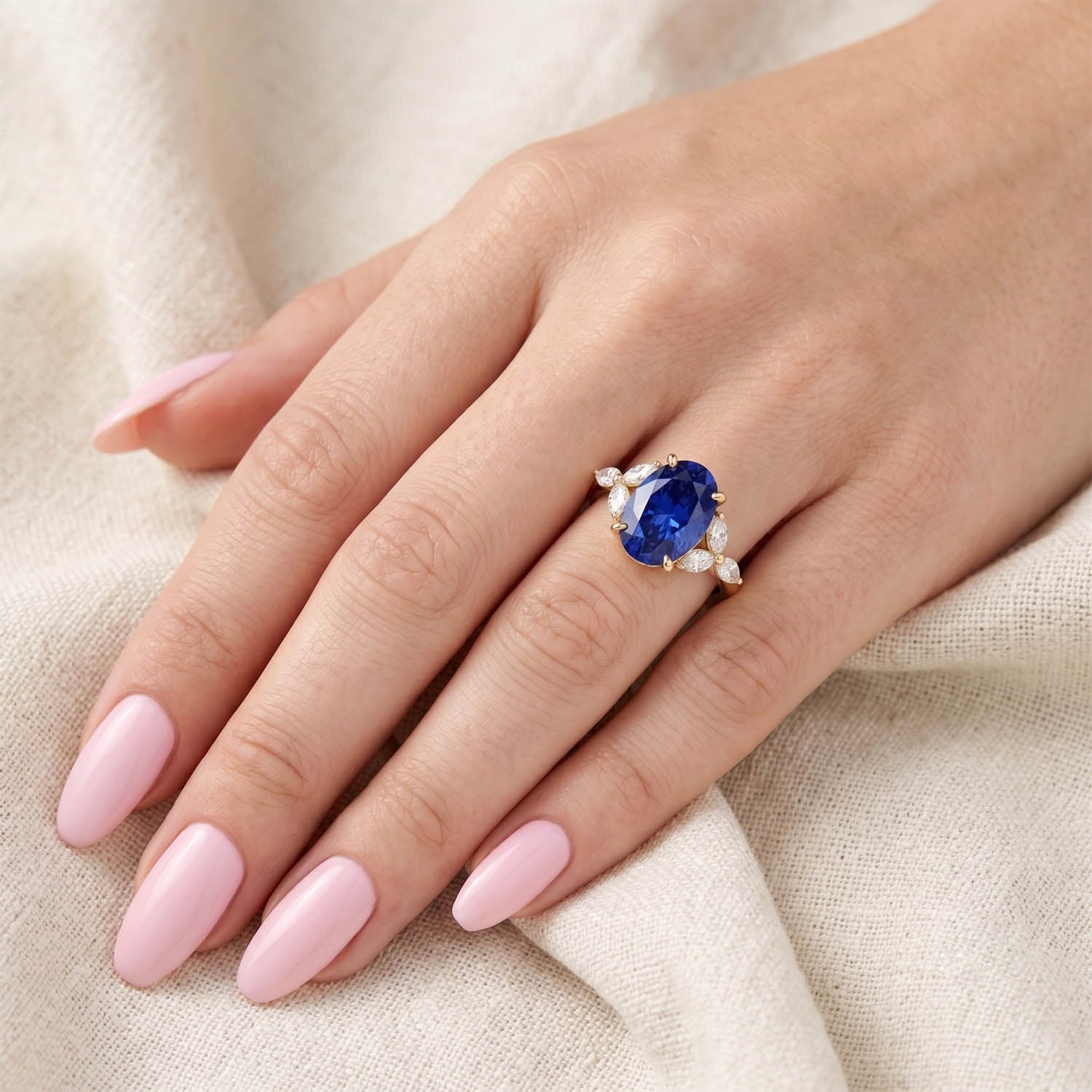 Oval Cut Cluster Blue Sapphire Engagement Ring
