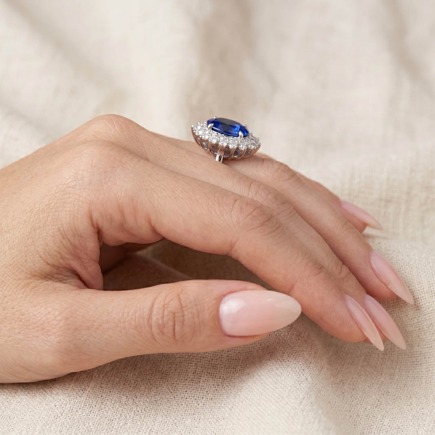 Oval Cut Halo Blue Sapphire Engagement Ring