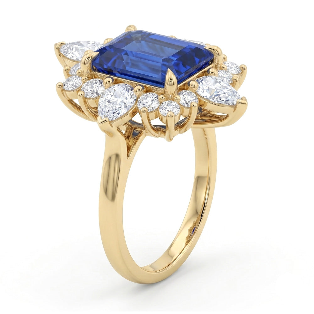 Emerald Cut Halo Blue Sapphire Engagement Ring