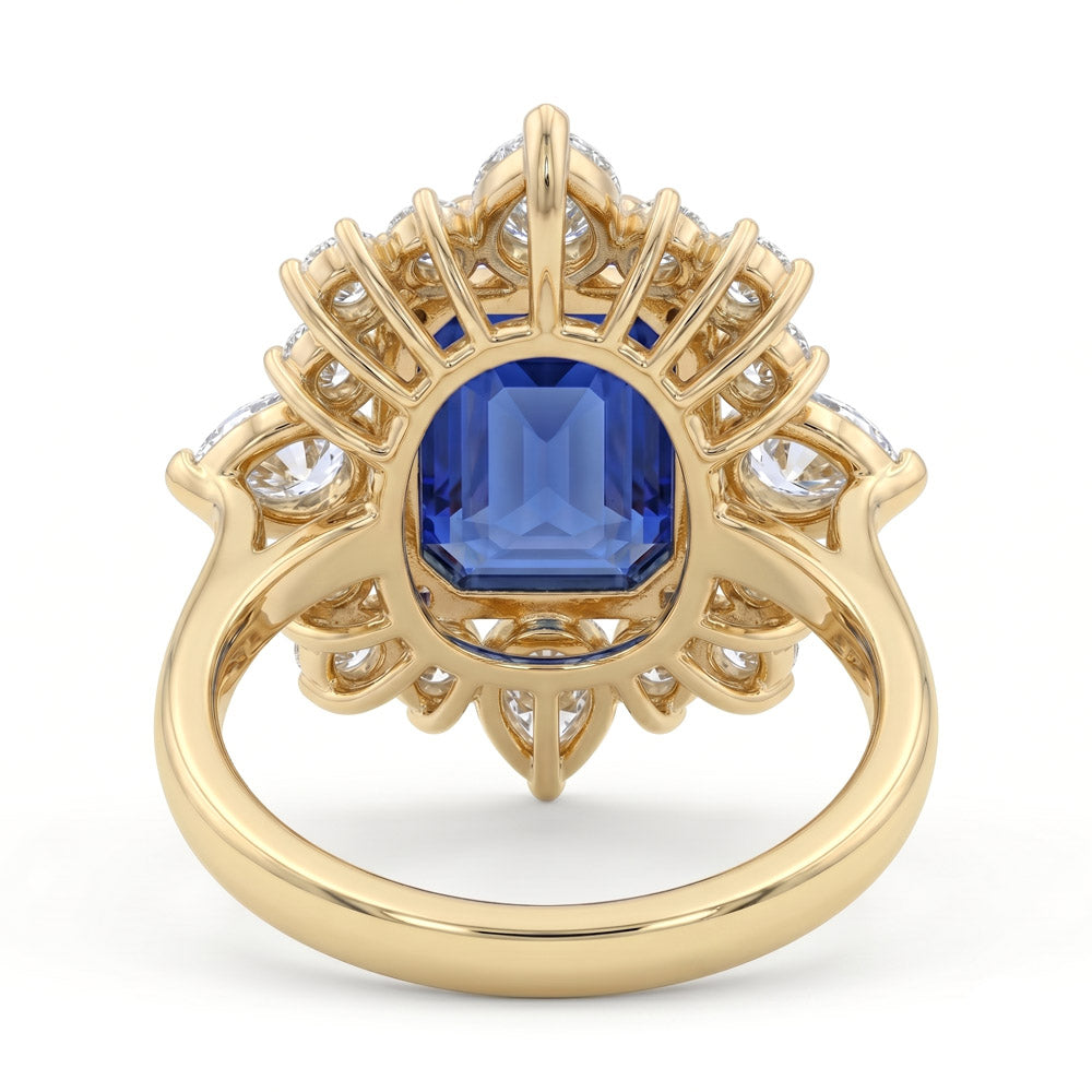 Emerald Cut Halo Blue Sapphire Engagement Ring