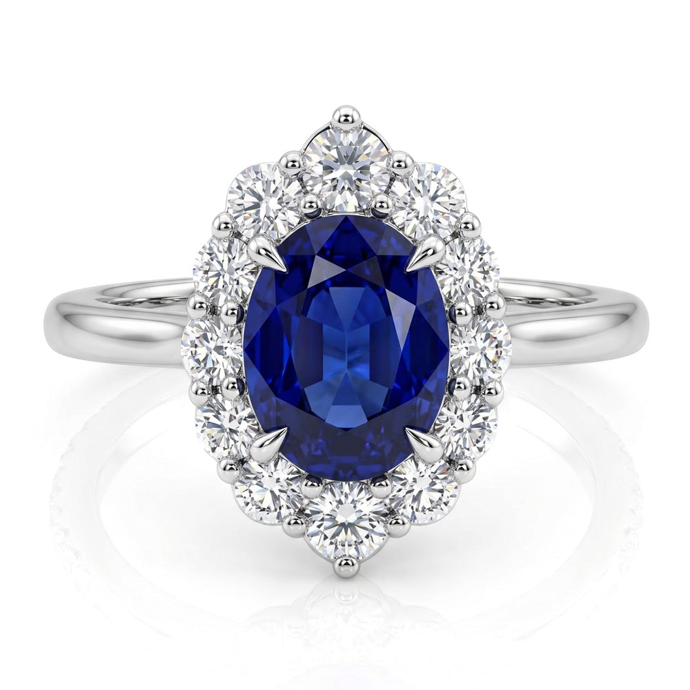 Oval Cut Halo Blue Sapphire Engagement Ring