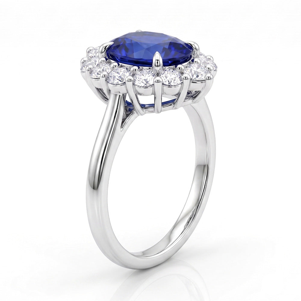 Oval Cut Halo Blue Sapphire Engagement Ring