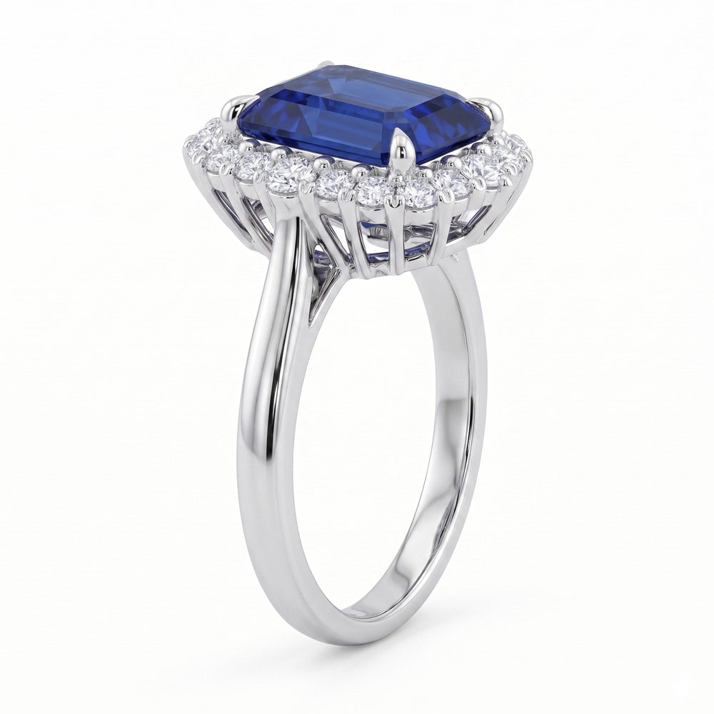 Emerald Cut Halo Blue Sapphire Engagement Ring