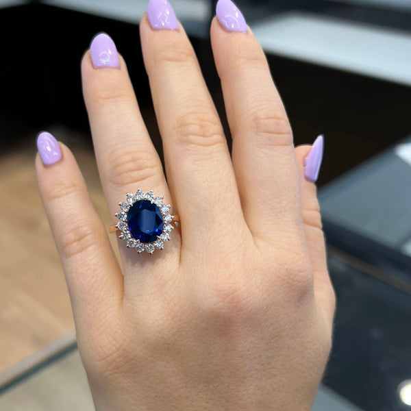 6 Carat Oval Shape Diana Halo Blue Sapphire Engagement Ring