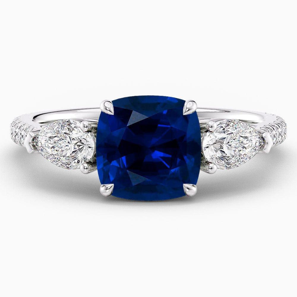 Cushion Cut Three Stone Blue Sapphire Engagement Ring