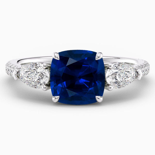 3 Carat Cushion Shape Three Stone Blue Sapphire Engagement Ring
