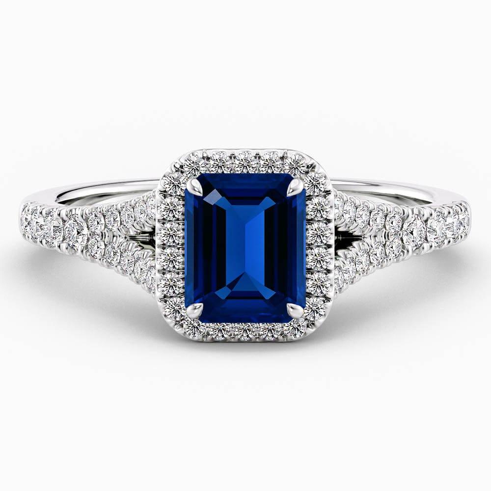 Emerald Cut Halo Blue Sapphire Engagement Ring - Featured Image