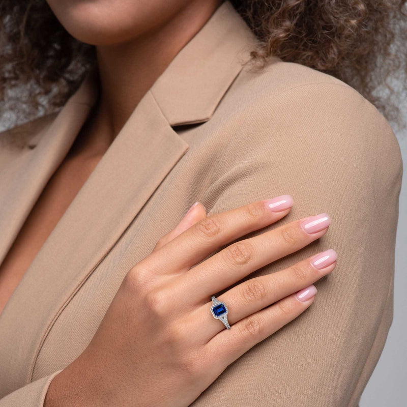 1.90 Carat Emerald Shape Halo Blue Sapphire Engagement Ring