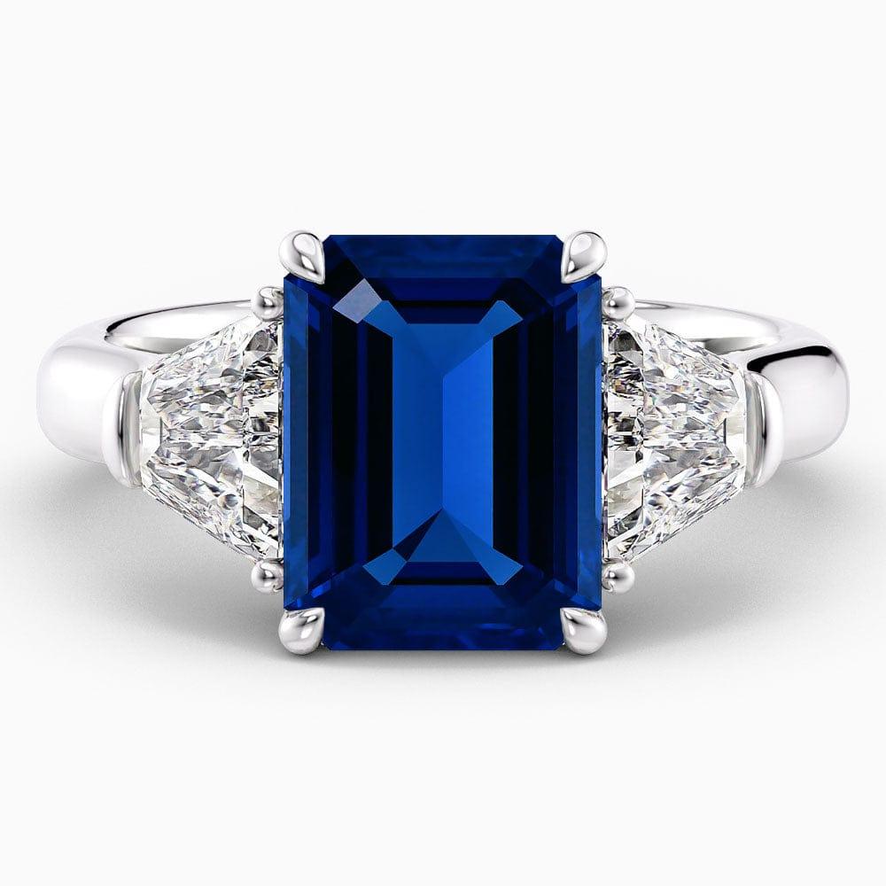 Emerald Cut Three Stone Blue Sapphire Engagement Ring