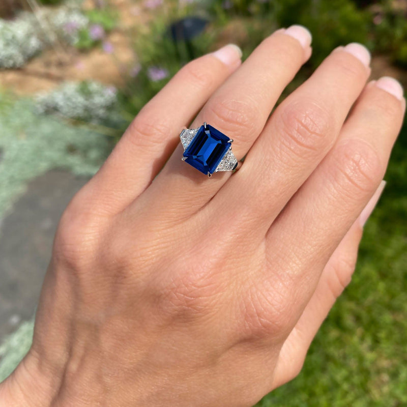 6 Carat Emerald Shape Three Stone Blue Sapphire Engagement Ring