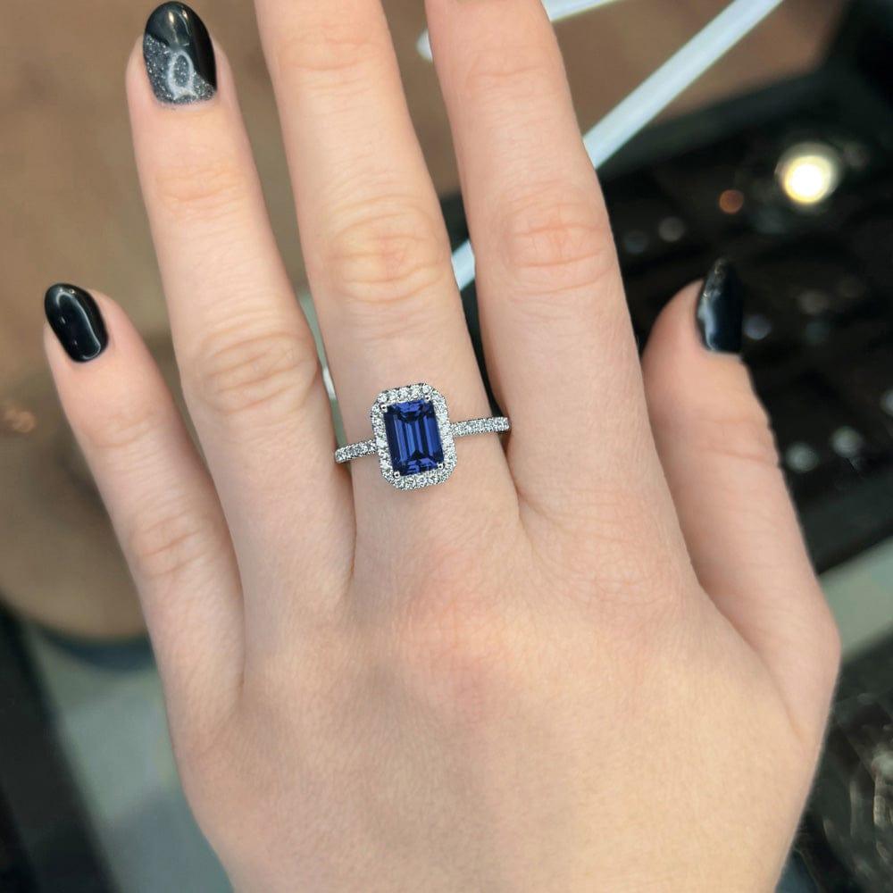 Emerald Cut Halo Blue Sapphire Engagement Ring