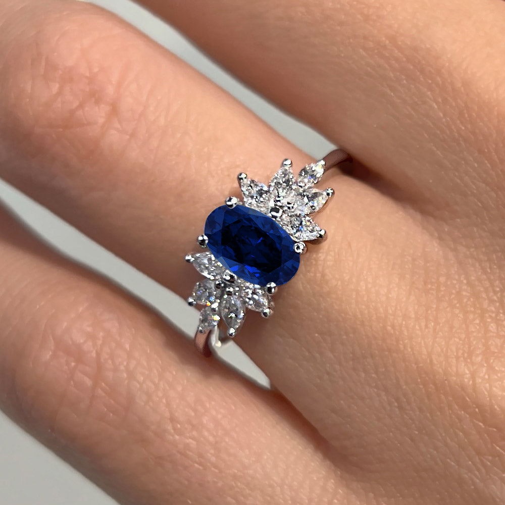 Oval Cut Cluster Blue Sapphire Engagement Ring