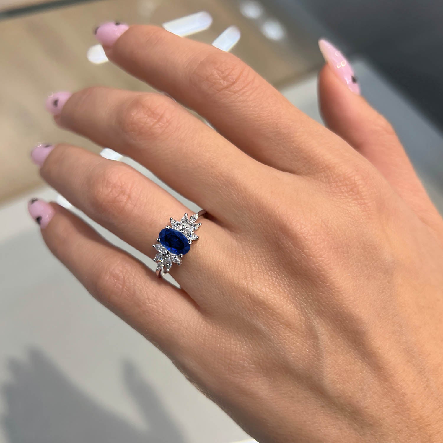 Oval Cut Cluster Blue Sapphire Engagement Ring