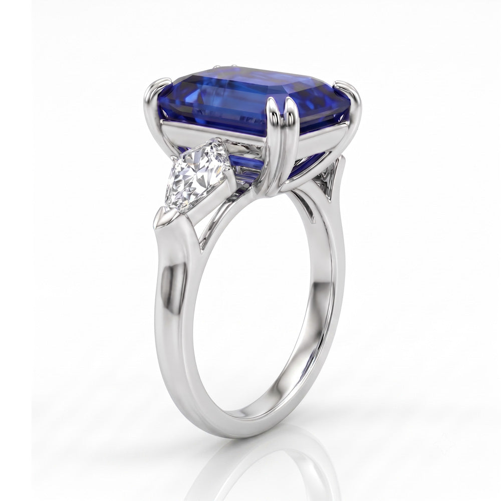 Emerald Cut Three Stone Blue Sapphire Engagement Ring