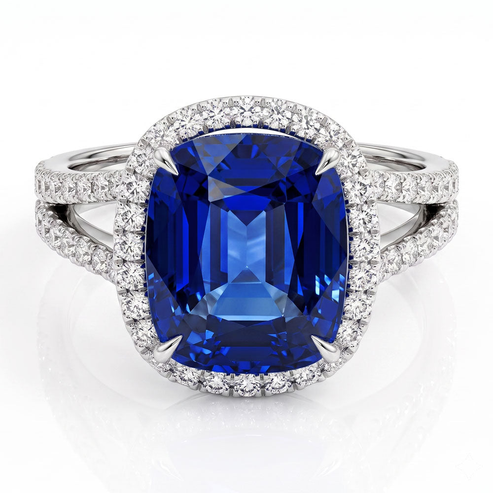 Cushion Cut Halo Blue Sapphire Engagement Ring - Featured Image