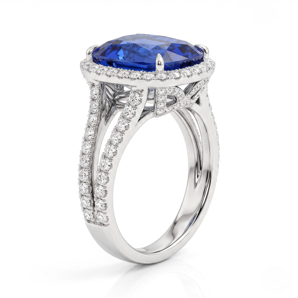 Cushion Cut Halo Blue Sapphire Engagement Ring