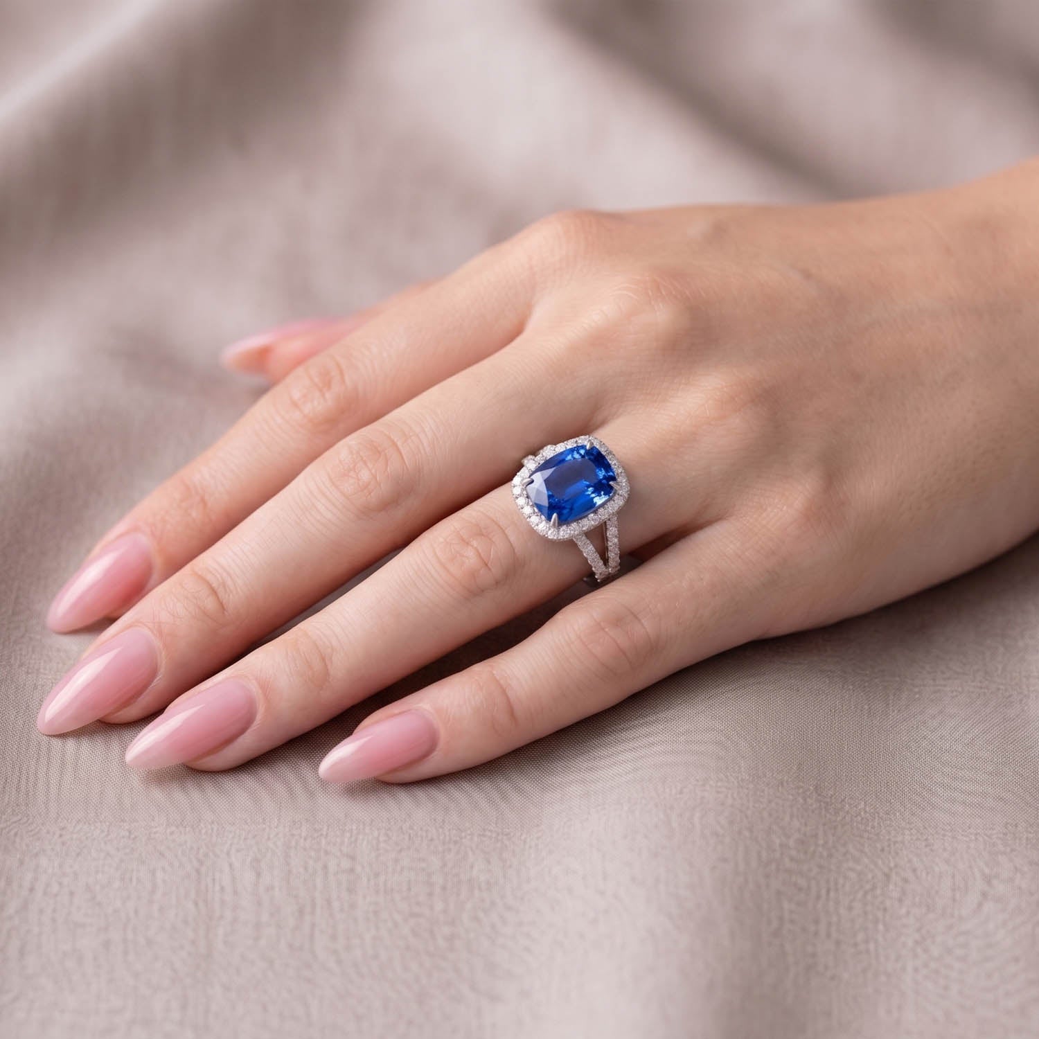 Cushion Cut Halo Blue Sapphire Engagement Ring