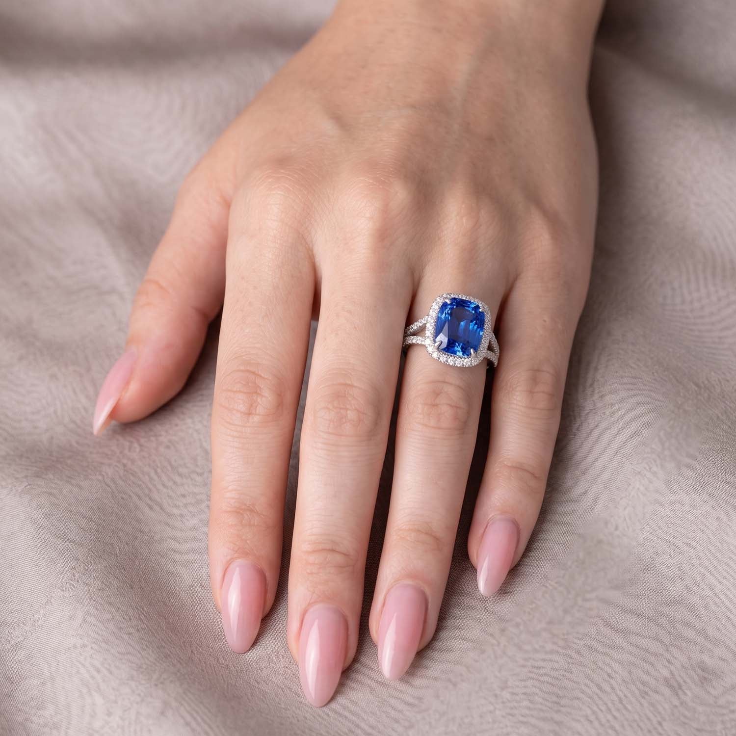 Cushion Cut Halo Blue Sapphire Engagement Ring