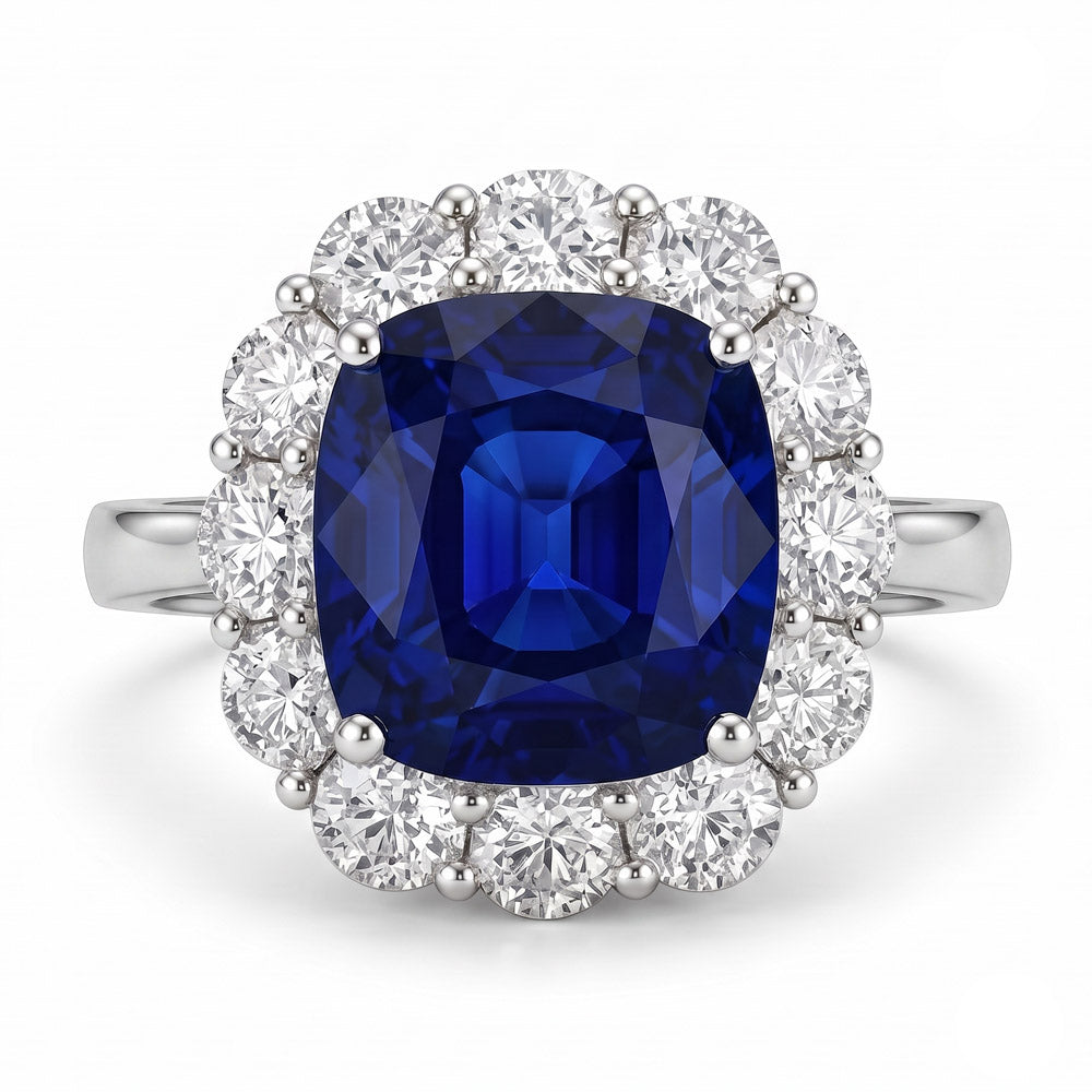 Cushion Cut Halo Blue Sapphire Engagement Ring - Featured Image