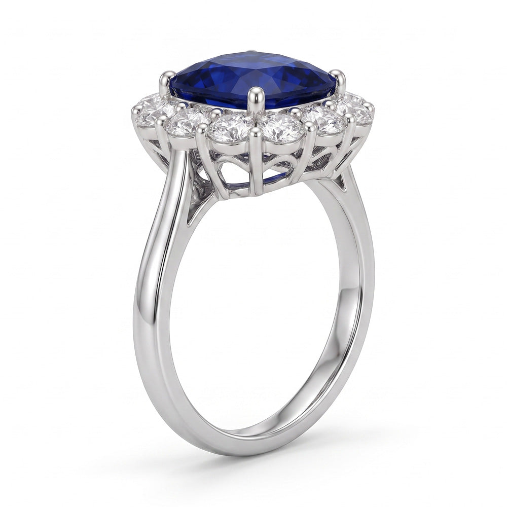 Cushion Cut Halo Blue Sapphire Engagement Ring