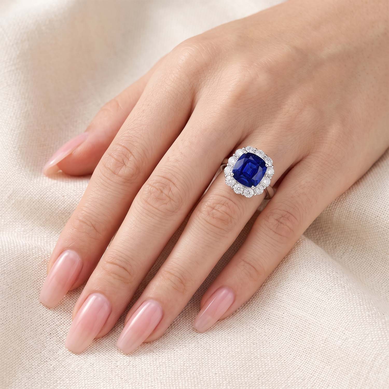 Cushion Cut Halo Blue Sapphire Engagement Ring