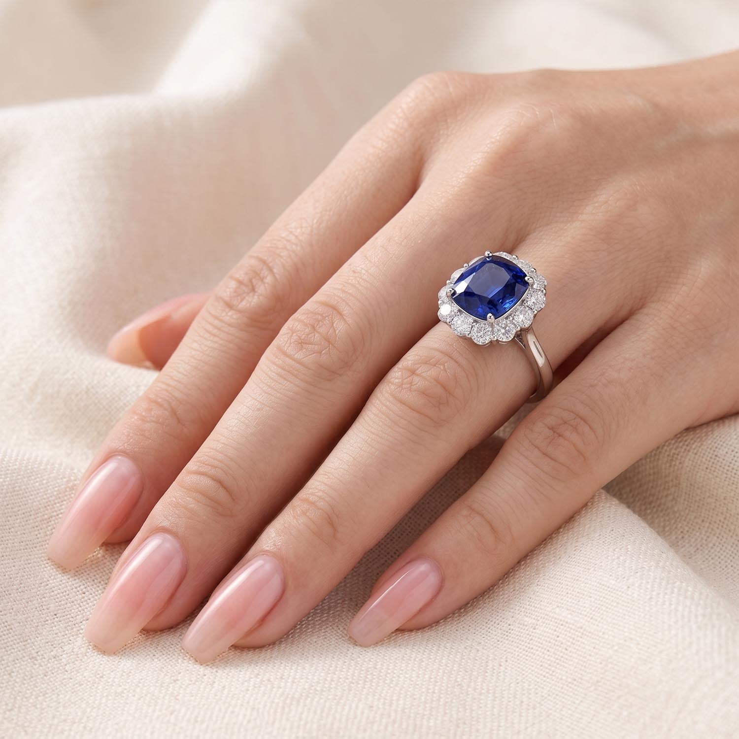 Cushion Cut Halo Blue Sapphire Engagement Ring