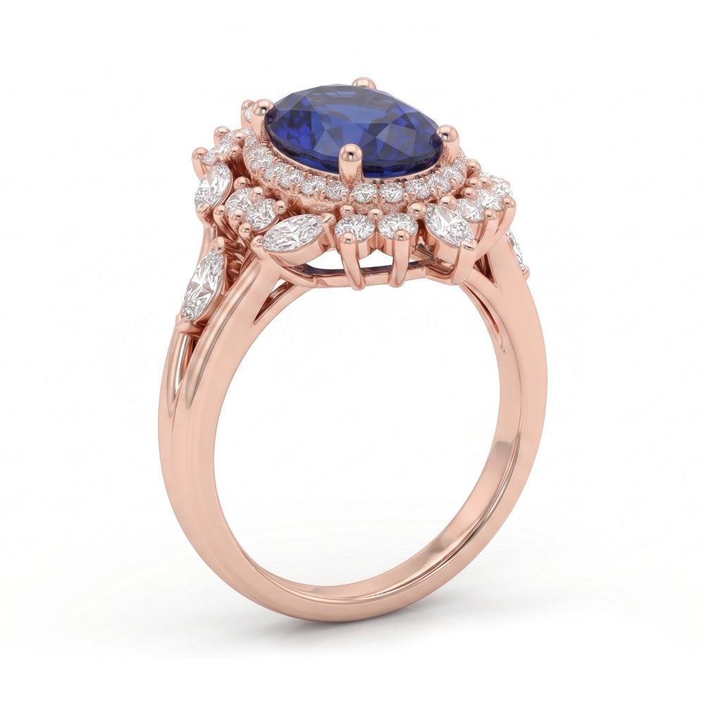 Oval Cut Vintage Halo Blue Sapphire Engagement Ring