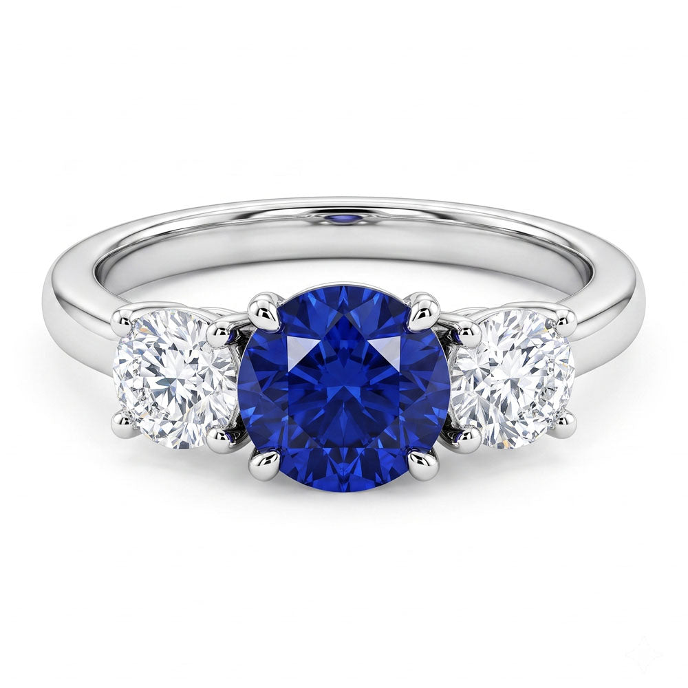 Round Cut Three Stone Blue Sapphire Engagement Ring - Featured Image