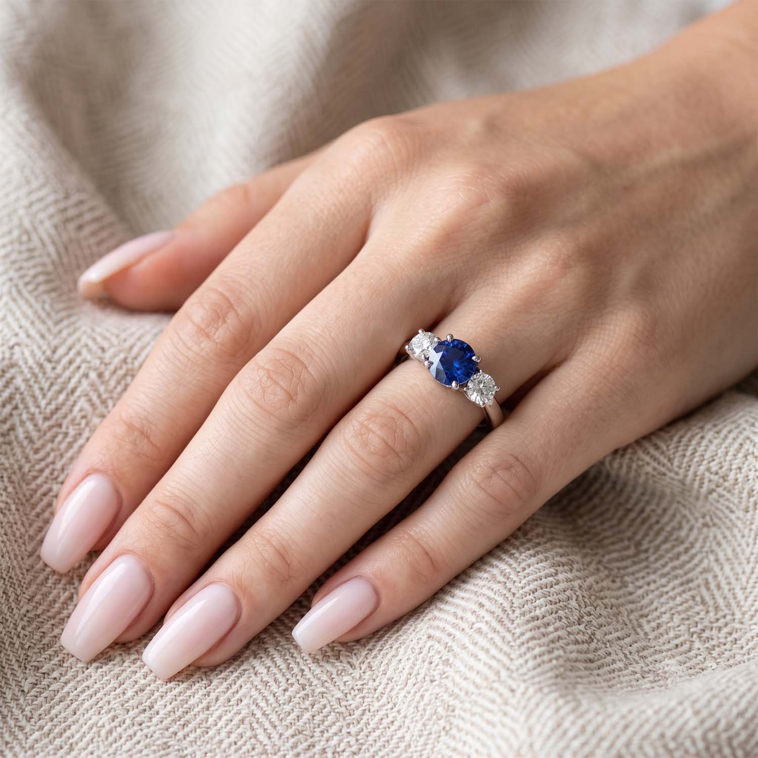 Round Cut Three Stone Blue Sapphire Engagement Ring