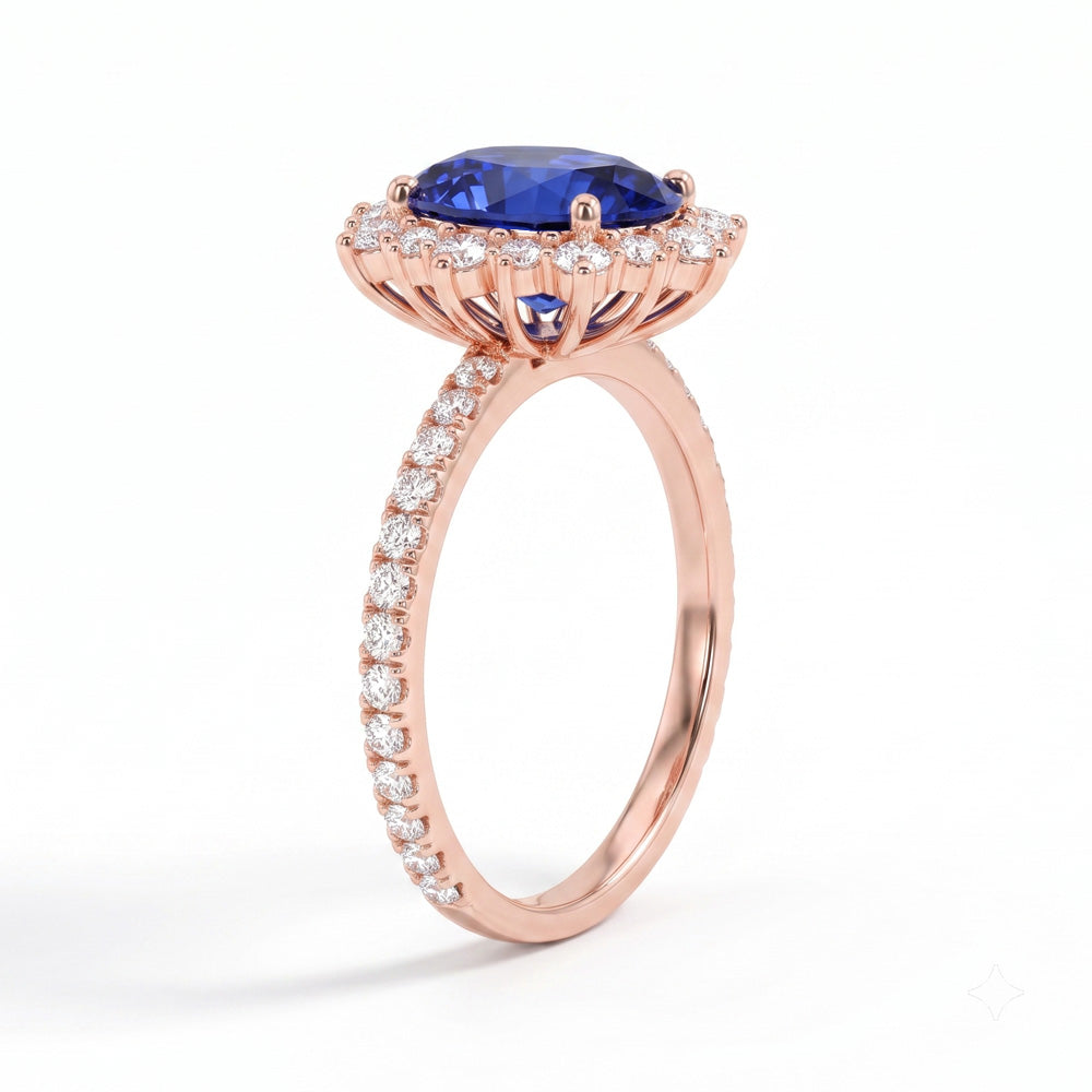 Oval Cut Halo Blue Sapphire Engagement Ring