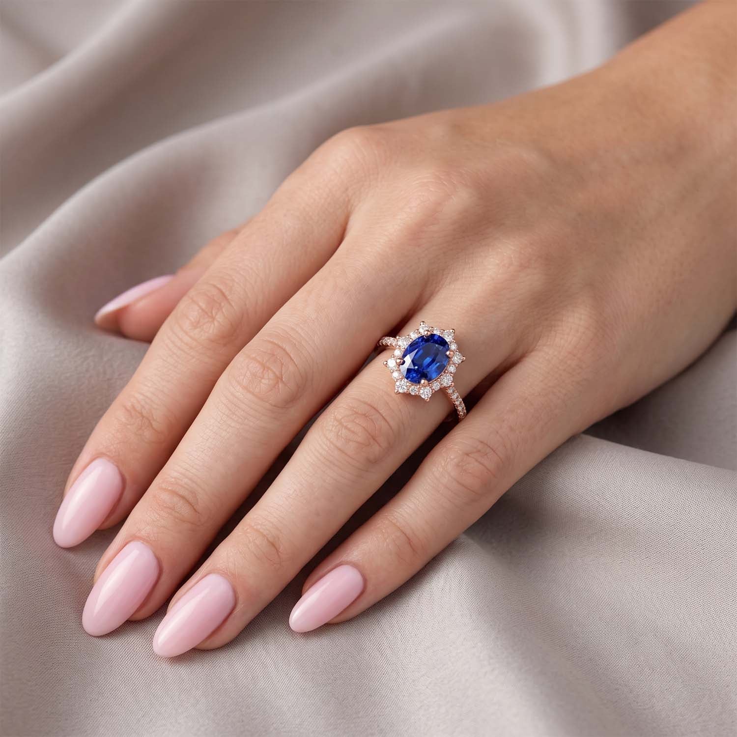 Oval Cut Halo Blue Sapphire Engagement Ring