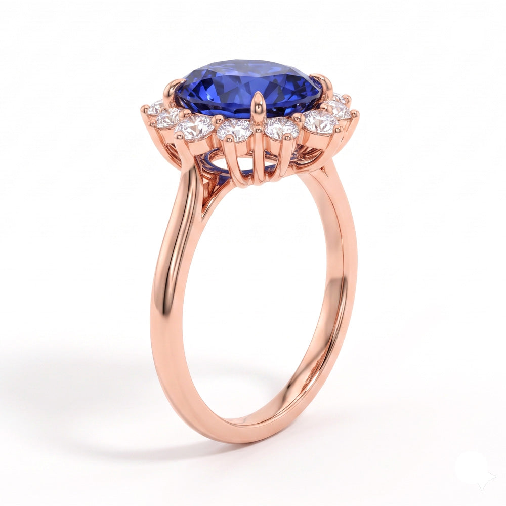 Oval Cut Halo Blue Sapphire Engagement Ring