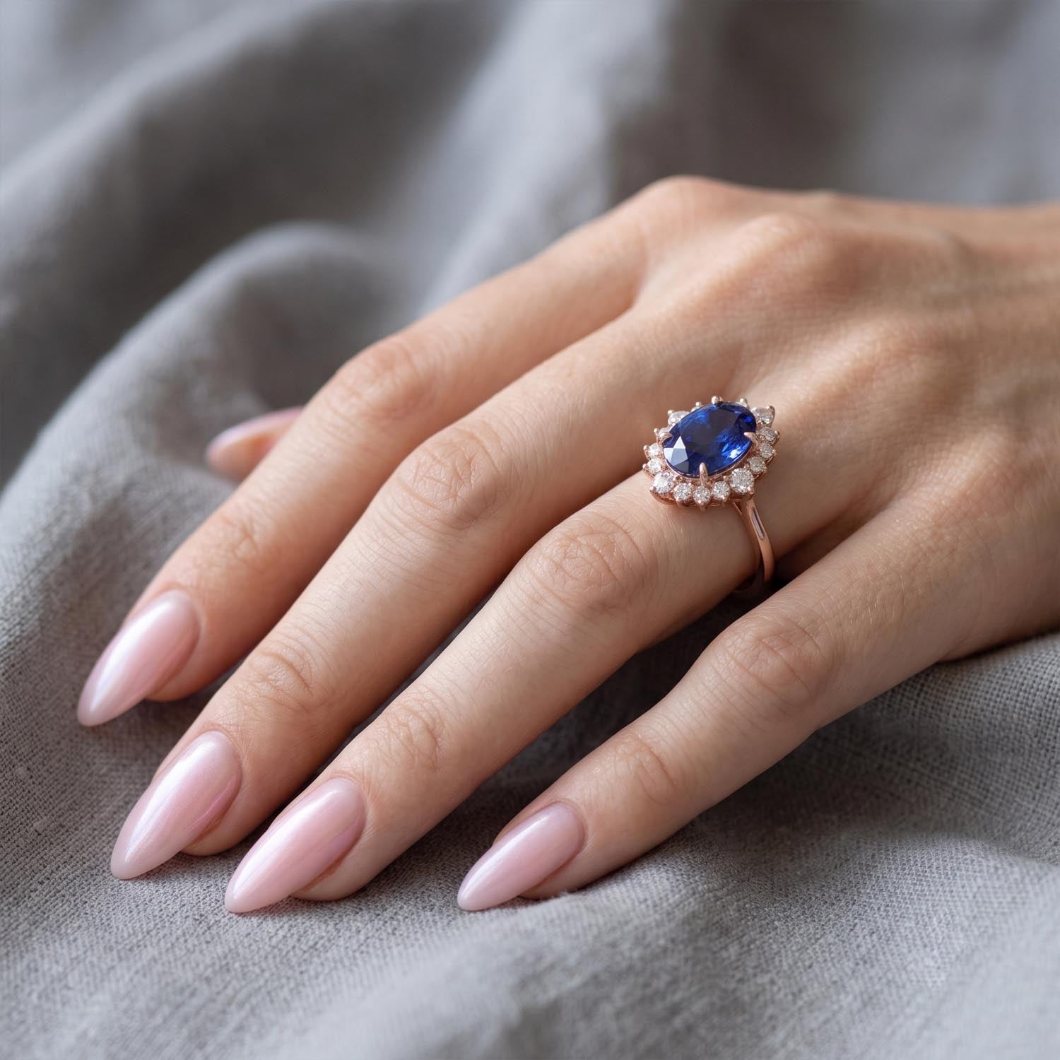 Oval Cut Halo Blue Sapphire Engagement Ring