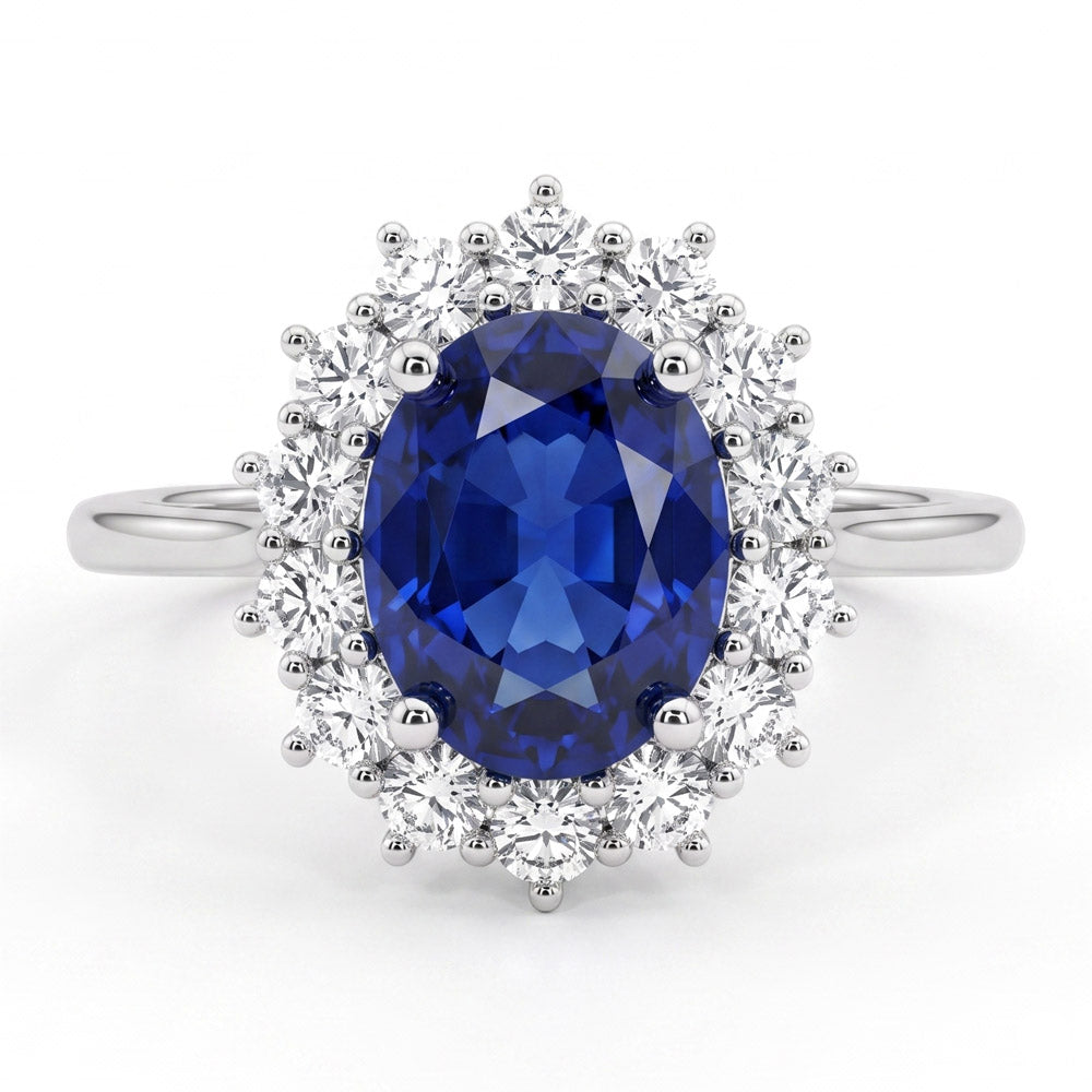 Oval Cut Halo Blue Sapphire Engagement Ring