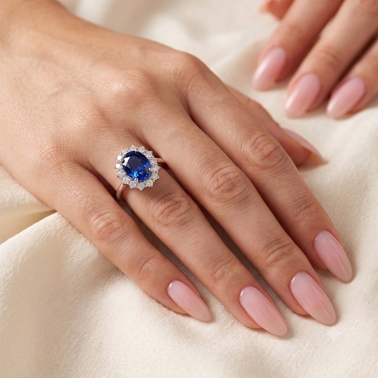 Oval Cut Halo Blue Sapphire Engagement Ring
