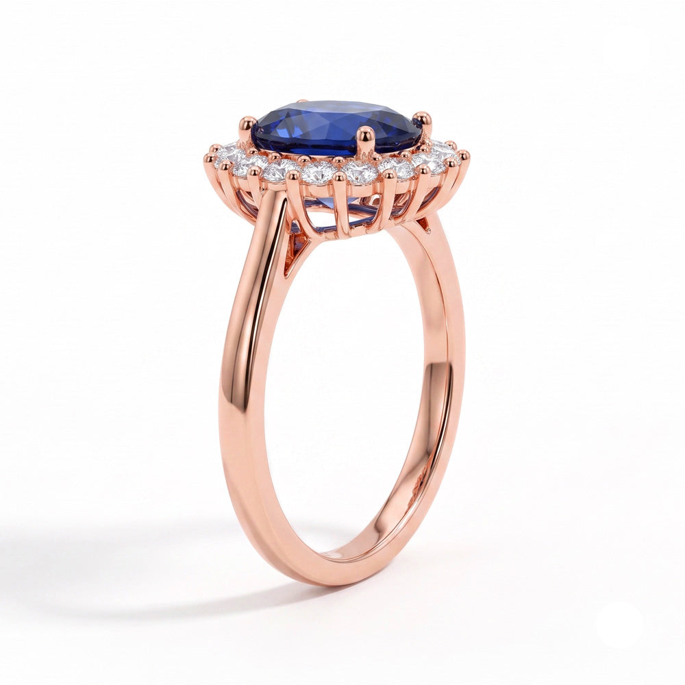 Oval Cut Halo Blue Sapphire Engagement Ring