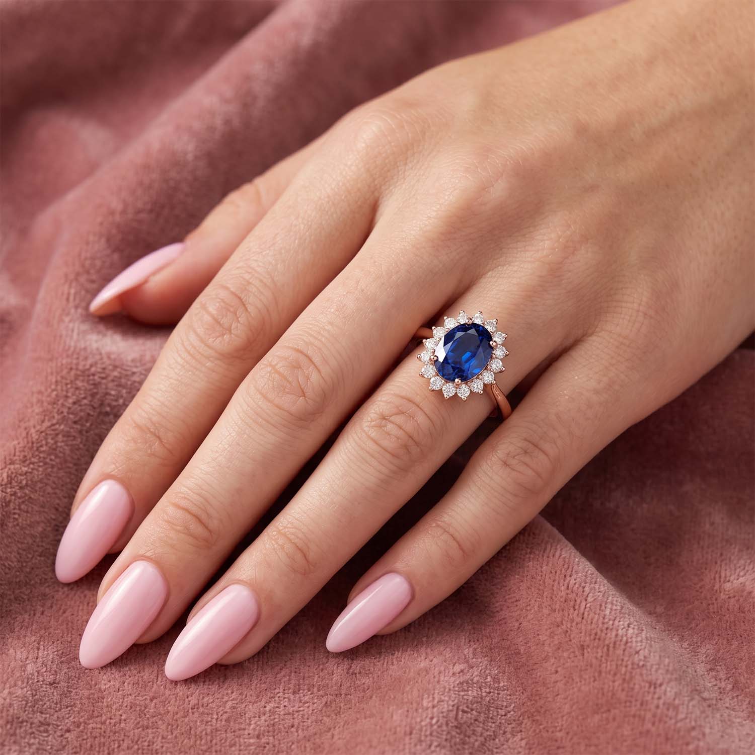 Oval Cut Halo Blue Sapphire Engagement Ring