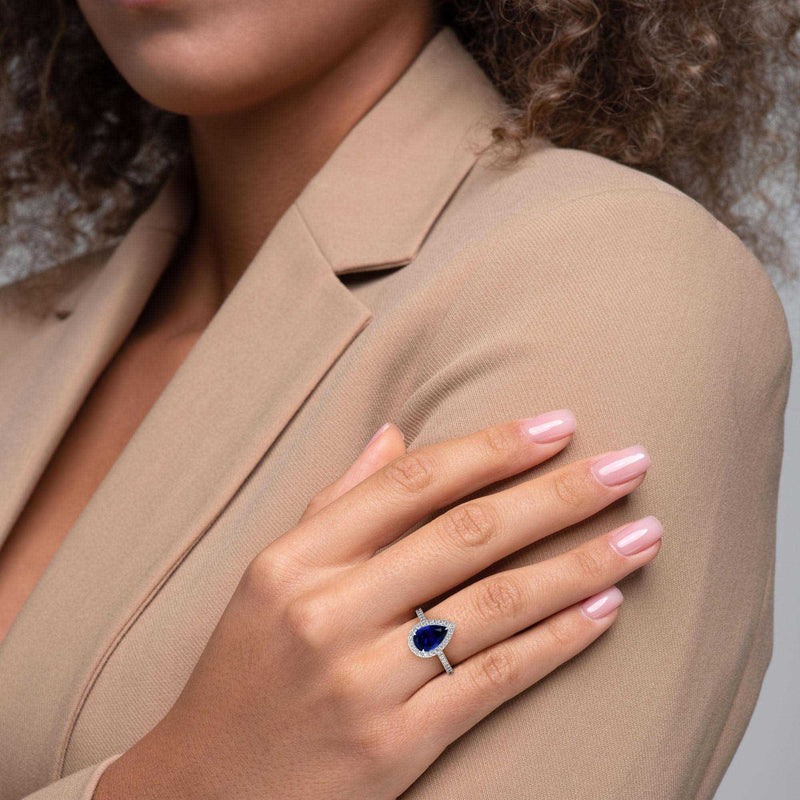 2.50 Carat Pear Shape Halo Blue Sapphire Engagement Ring