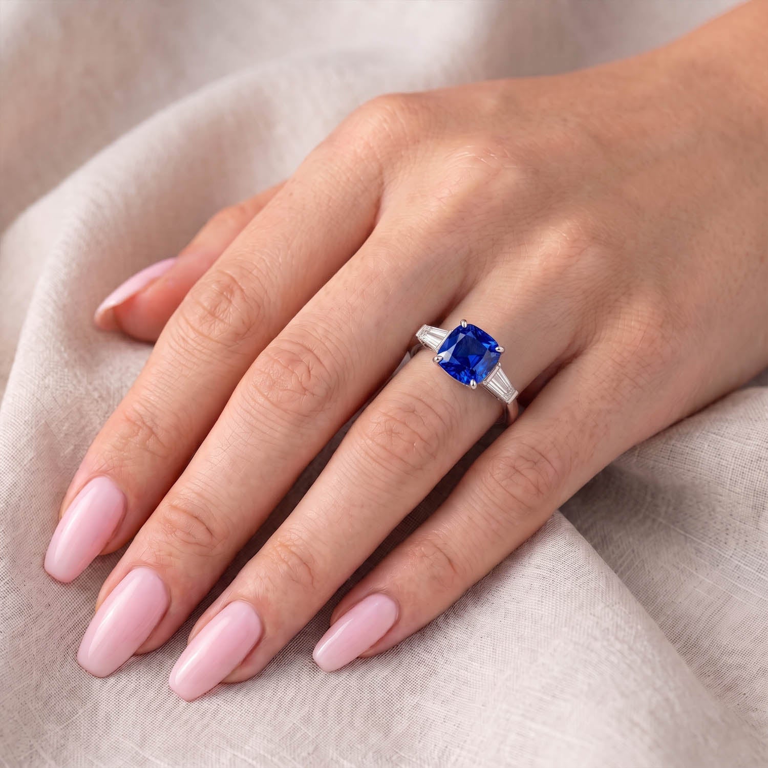 Cushion Cut Three Stone Blue Sapphire Engagement Ring