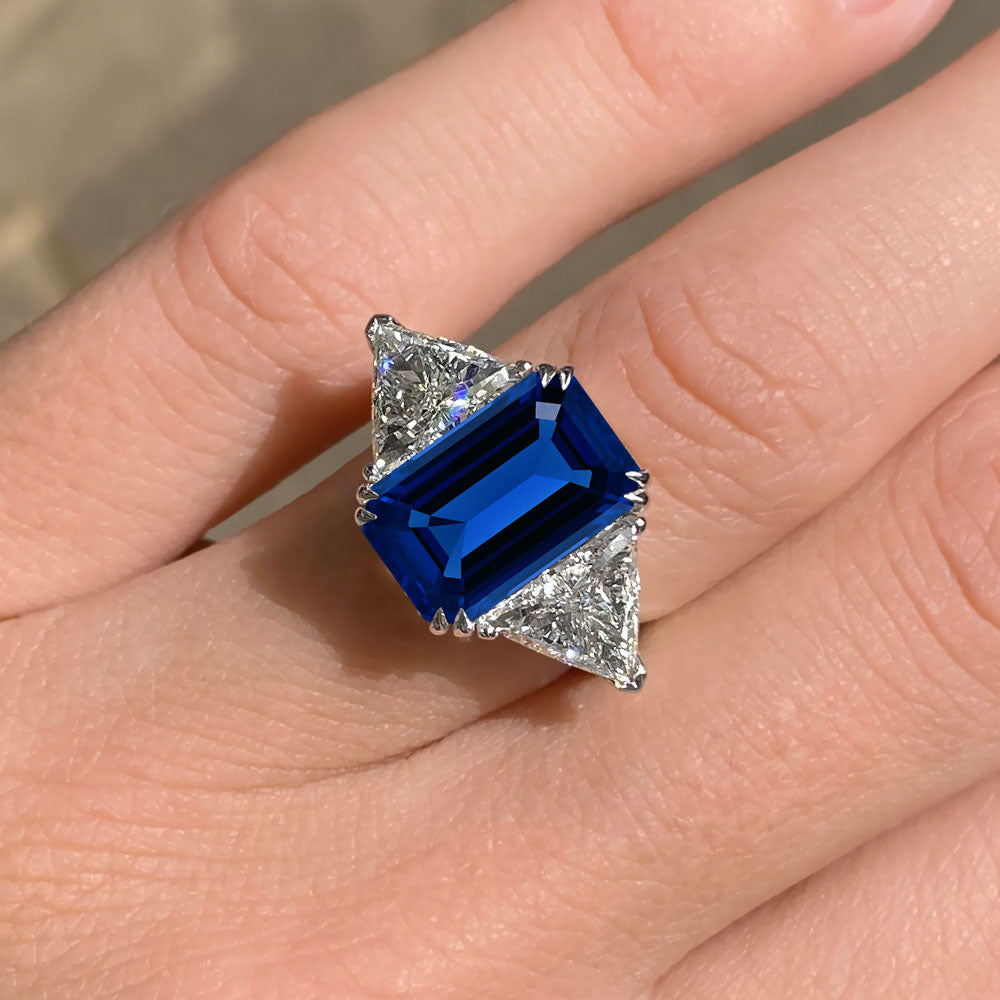 Emerald Cut Three Stone Blue Sapphire Engagement Ring