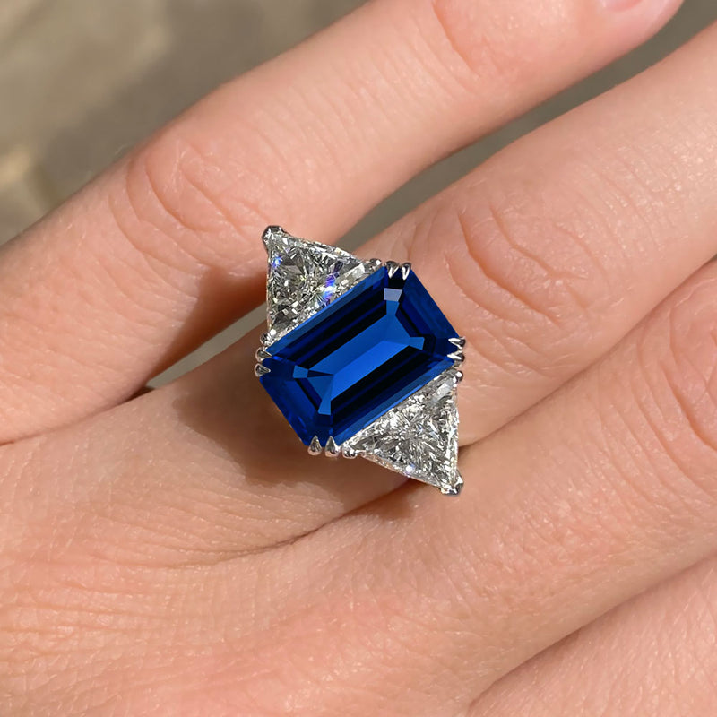 Emerald Cut Three Stone Blue Sapphire Engagement Ring