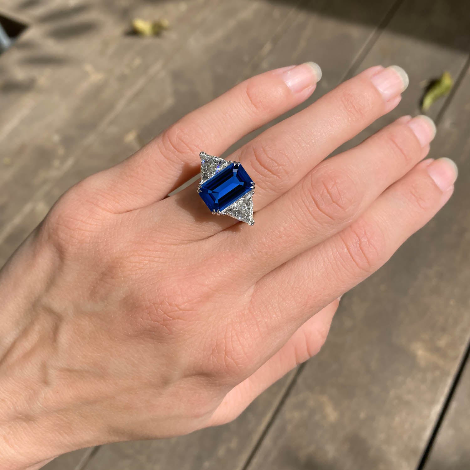 Emerald Cut Three Stone Blue Sapphire Engagement Ring